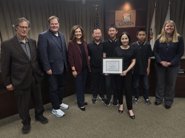 Ocean Nails & Spa owners and family with City Council after receiving proclamation [pictured left-to-right: Councilmember Stuart Kasdin (District 4), Councilmember James Kyriaco (District 2), Councilmember Luz Reyes-Martín (District 1), Hai Le, Brandon Le, Kathy Bui, Ethan Le, and Mayor Pro Tempore Jennifer Smith (District 3)]